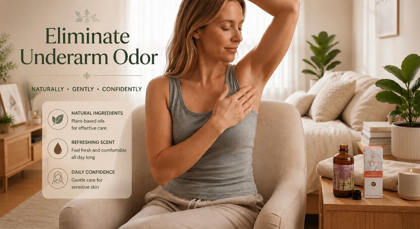 居家使用 YenScent 妍芳禾本按摩精油進行腋下保養，圖片搭配「Eliminate Underarm Odor」主題文字，呈現日常清新護理與居家保養情境。