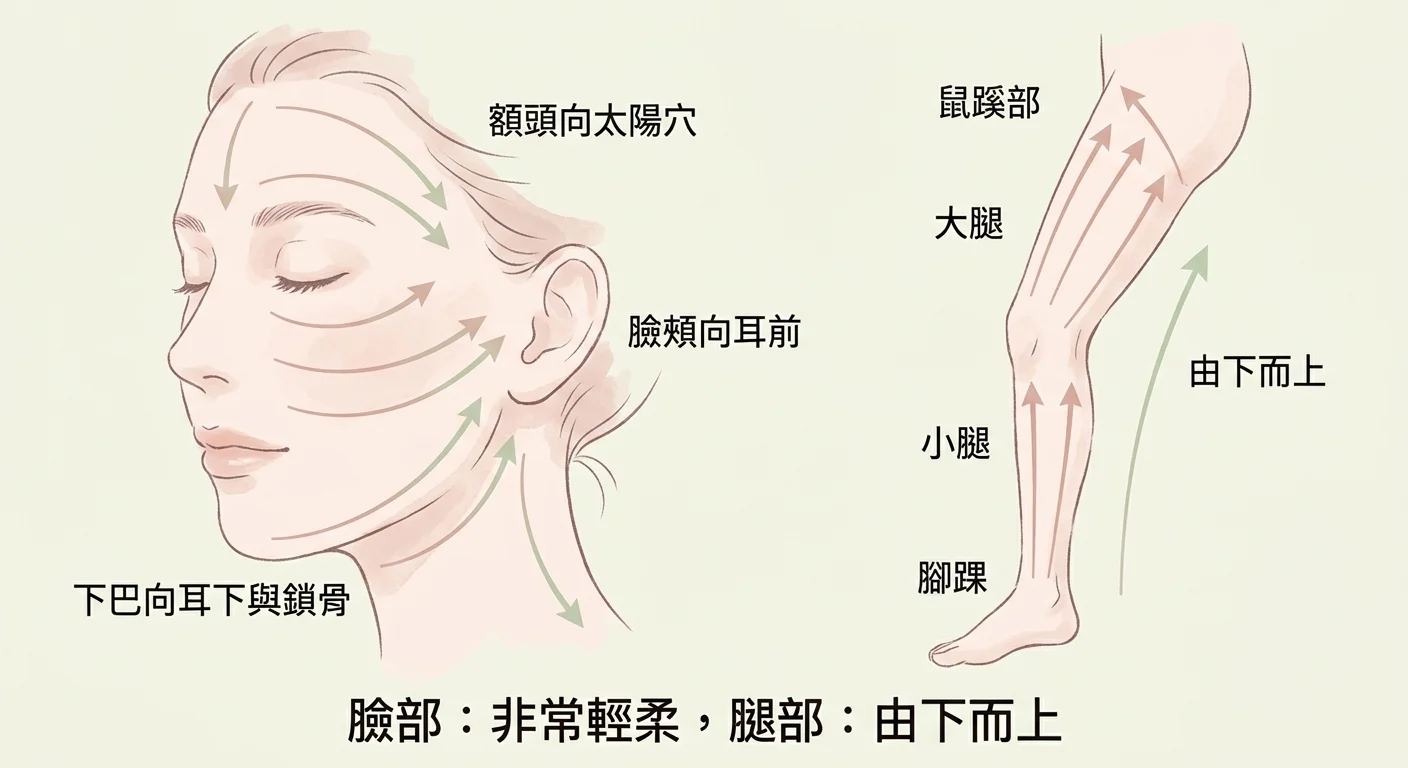 臉部與腿部按摩路徑圖，左側臉部標示額頭往太陽穴、臉頰往耳前、下巴往耳下與往鎖骨的箭頭，右側腿部標示腳踝往鼠蹊的向上箭頭，配「臉部極輕、腿部由下往上」字樣，配色柔和粉米與淡綠