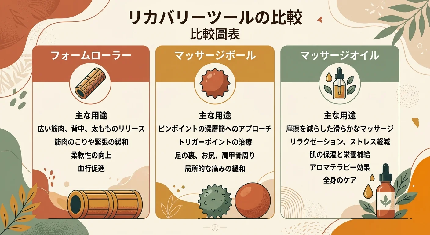滾筒、按摩球、按摩油三種工具的角色比較圖,三欄並列各配圖示與用途說明,溫暖大地色配色,簡潔易讀,無真人