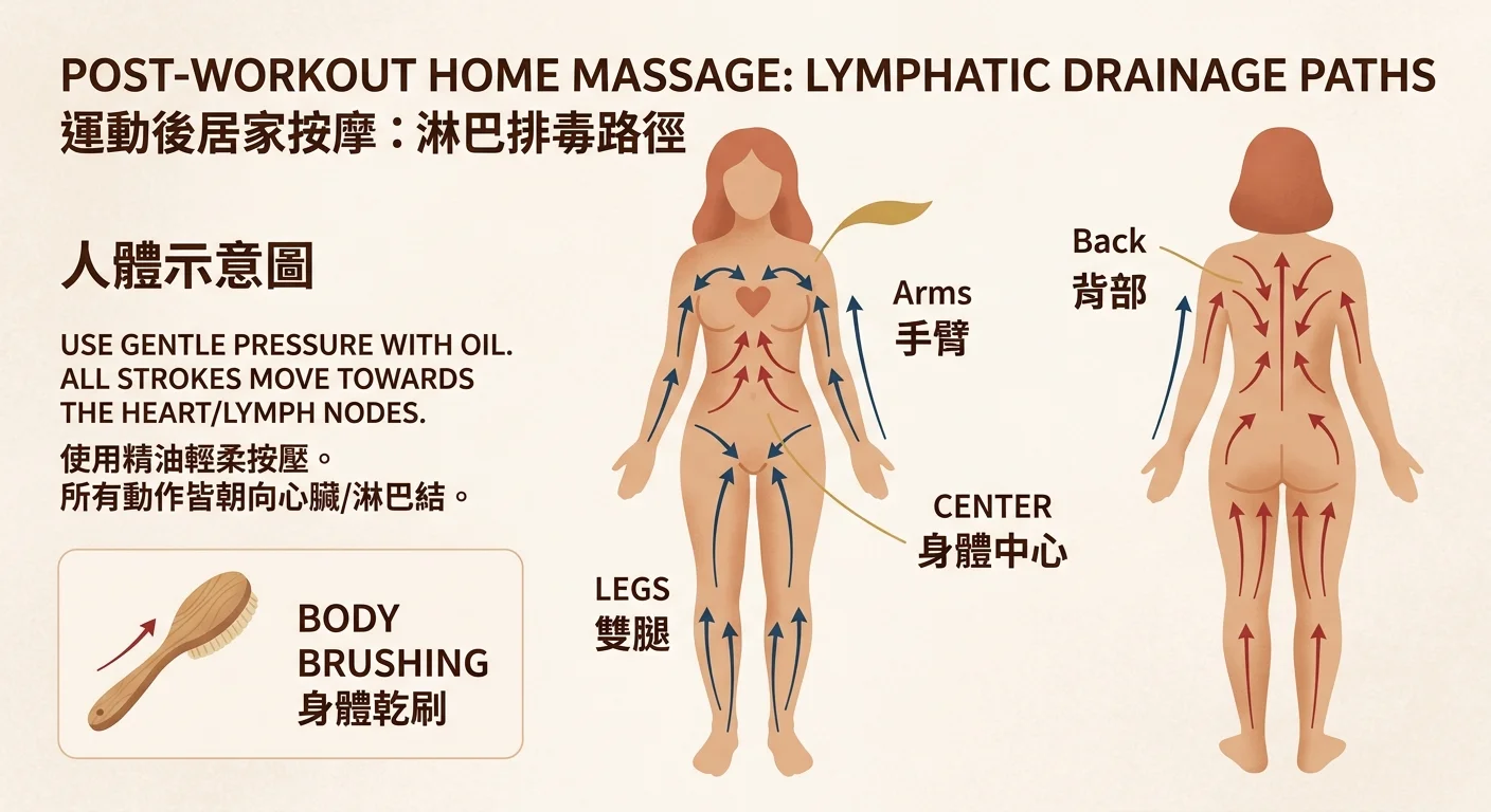 運動後居家放鬆手技路徑示意圖,以簡約人形標出腿、背、手臂往身體中心方向的推油路徑箭頭,配按摩體刷圖示,溫暖大地色,無真人肖像