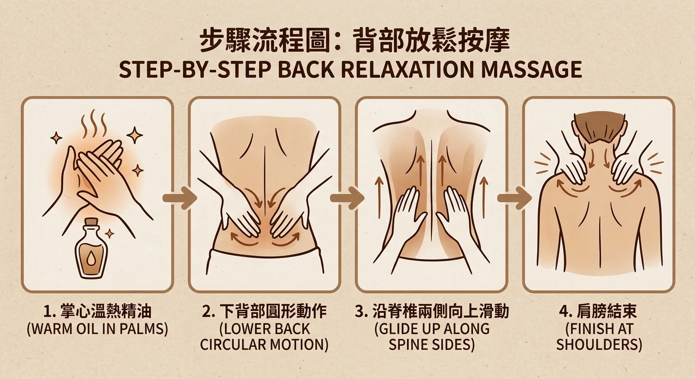 腰背舒緩按摩手法步驟圖,四個步驟橫排:1.取油勻溫(手心搓油圖示)2.下背畫圈(背部下方箭頭)3.沿背往上(脊椎兩側上行箭頭)4.肩背收尾(肩線圖示),每步配簡短文字,背部以線稿呈現避開脊椎,配色暖棕