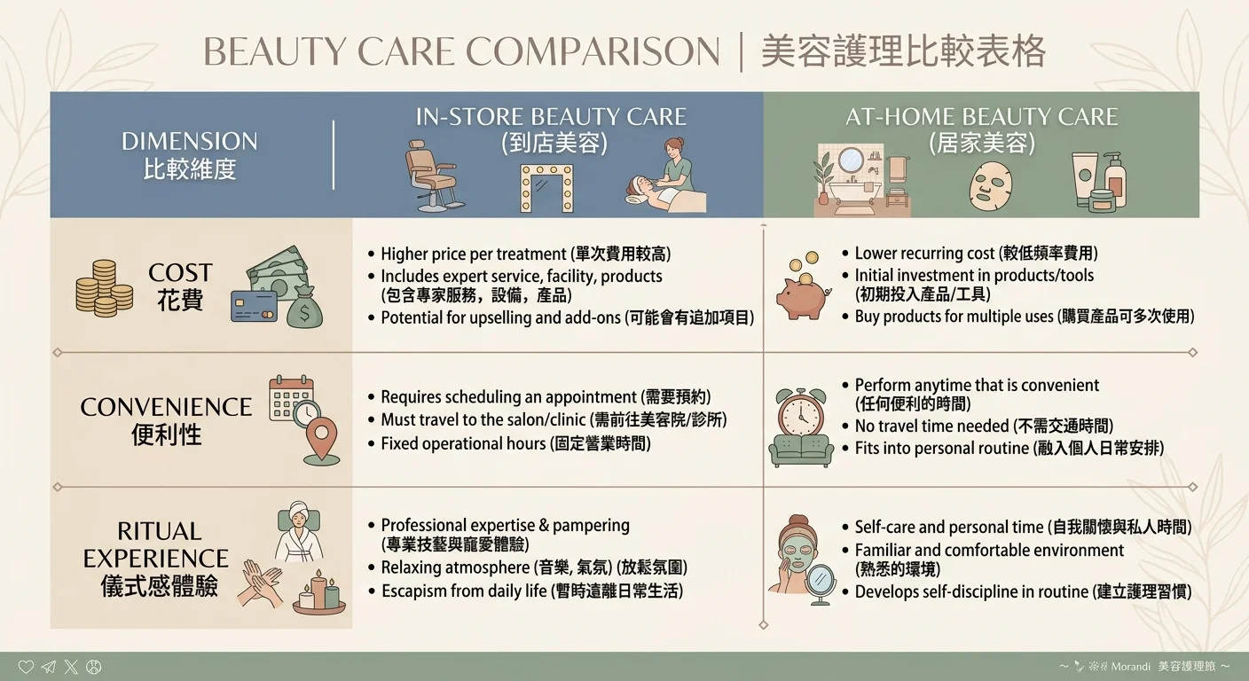 進店家美體 vs 居家美體保養 對照表,三個比較維度(費用、便利性、儀式感)各以圖示與簡短說明呈現,莫蘭迪色系、清晰比較表格