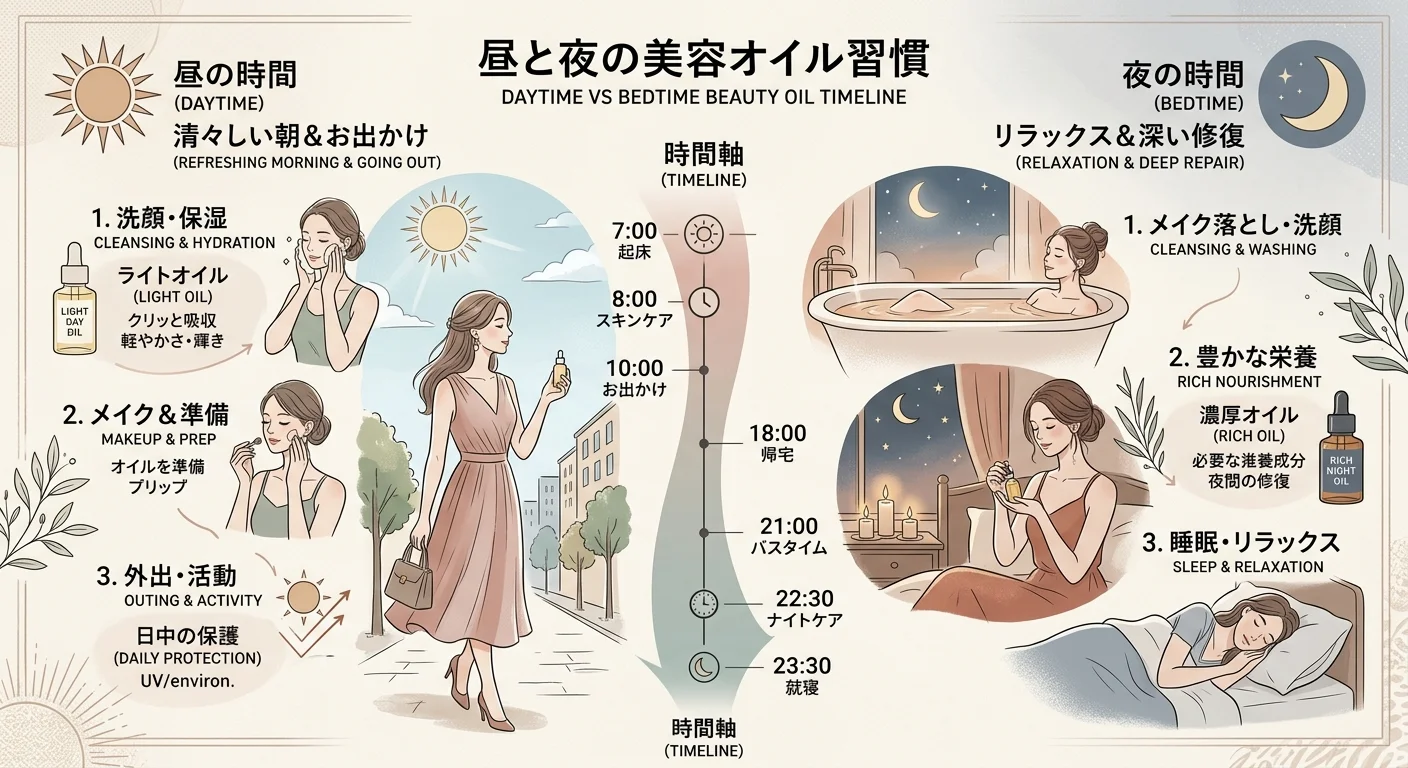 日間與睡前美體油使用情境時間軸，左為日間（陽光、清爽油、出門）、右為睡前（夜晚、滋潤油、放鬆），中央時間軸串連，莫蘭迪色系、優雅