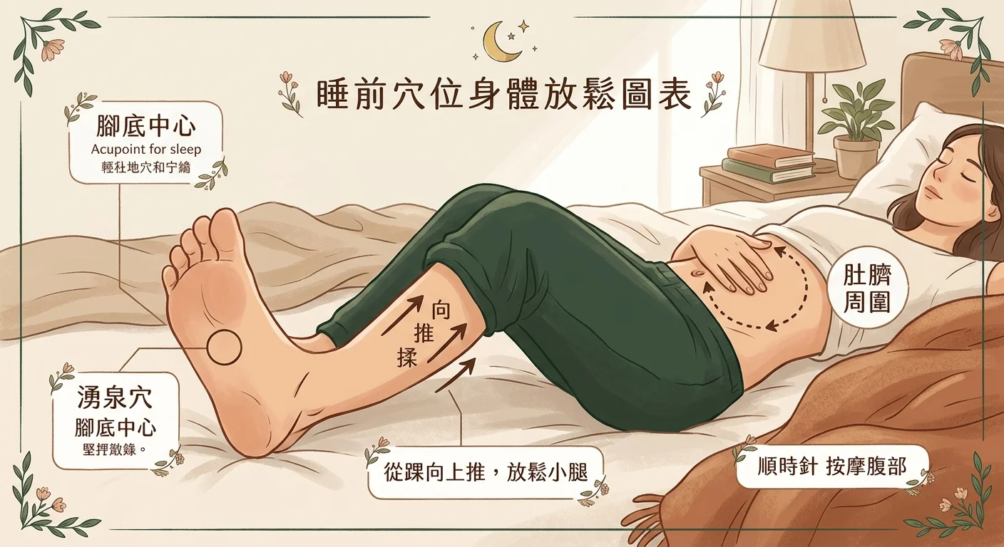 睡前放鬆穴位與部位示意圖，柔和人體下半身插畫，標示腳底湧泉一帶、小腿由下往上推的箭頭、腹部掌心畫圓三個放鬆區，配箭頭與輕柔字樣，配色溫潤大地與墨綠色，風格柔和人體圖
