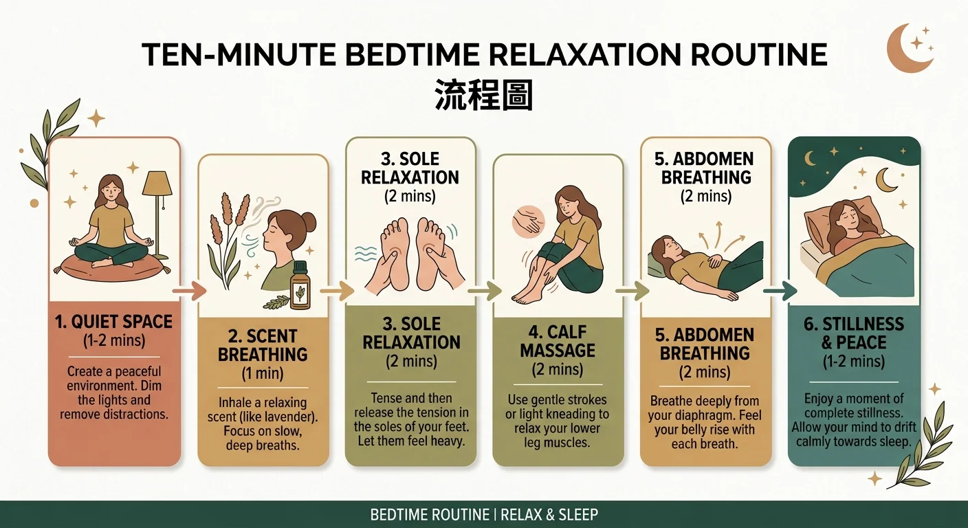 十分鐘睡前放鬆 routine 編號流程卡，六個步驟（靜空間、聞香呼吸、腳底、小腿、腹部、留白）依序排列，每步配簡單圖示與時間標示，配色溫潤大地與墨綠色，風格清楚編號流程卡