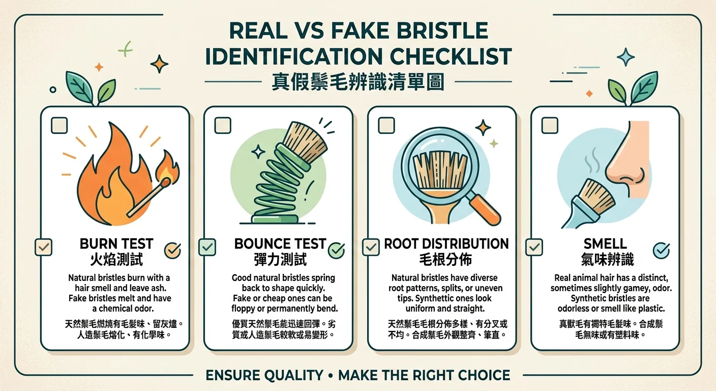 判斷真假鬃毛 checklist 清單圖,四個項目以勾選清單形式呈現:燃燒測試(火焰圖示)、回彈測試(彈簧圖示)、毛根分布(放大鏡圖示)、氣味(鼻子圖示),每項附一句判斷標準,配色簡潔,背景米白