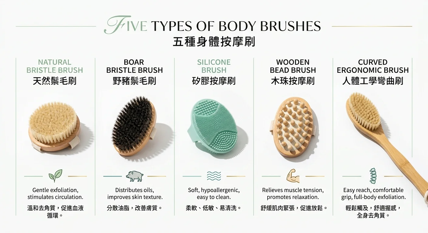 體刷類型總覽圖,鬃毛刷、豬毛刷、矽膠刷、木質刷與蠍尾曲線刷並排去背,標註各自材質名稱