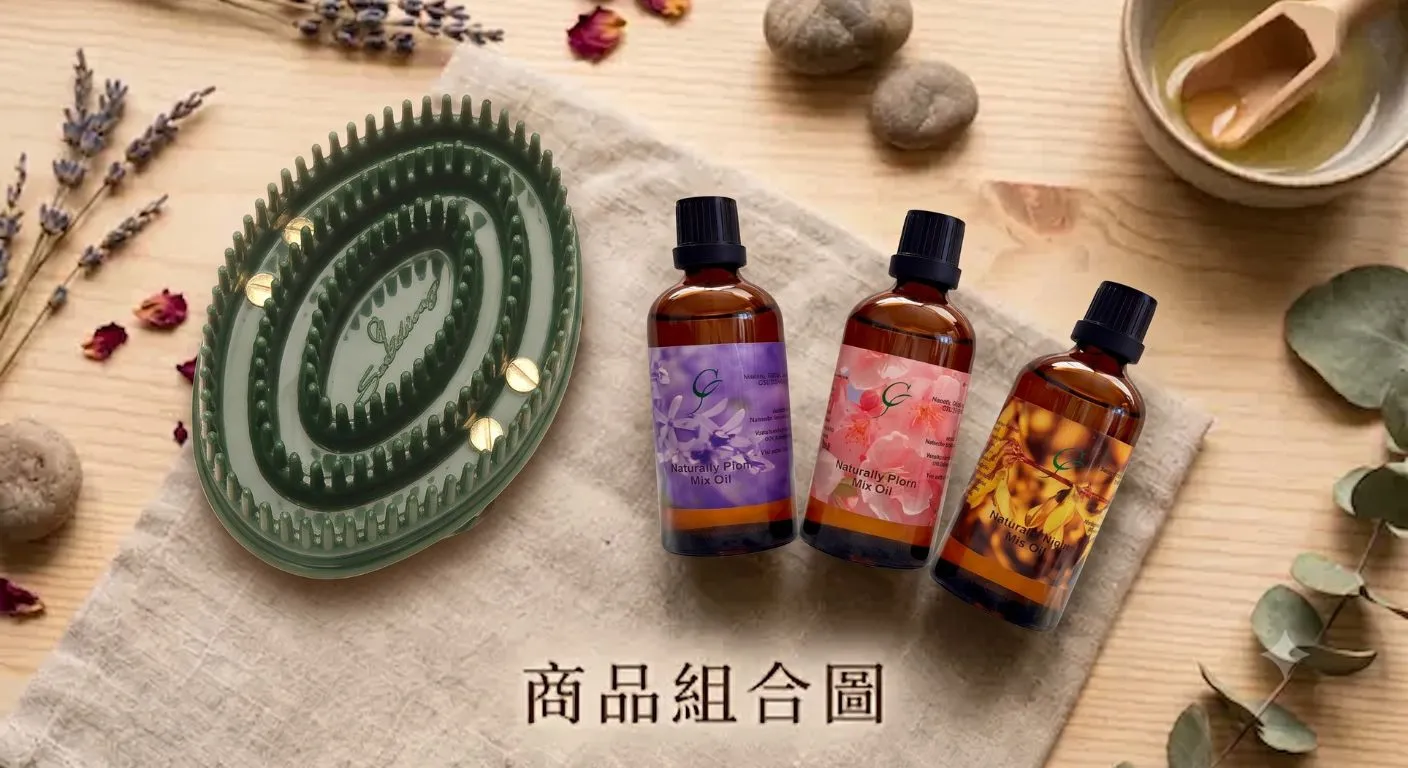 蠍尾按摩體刷搭配 YenScent 妍芳禾本三款按摩精油組合,適合居家身體按摩、放鬆保養與日常自我護理。