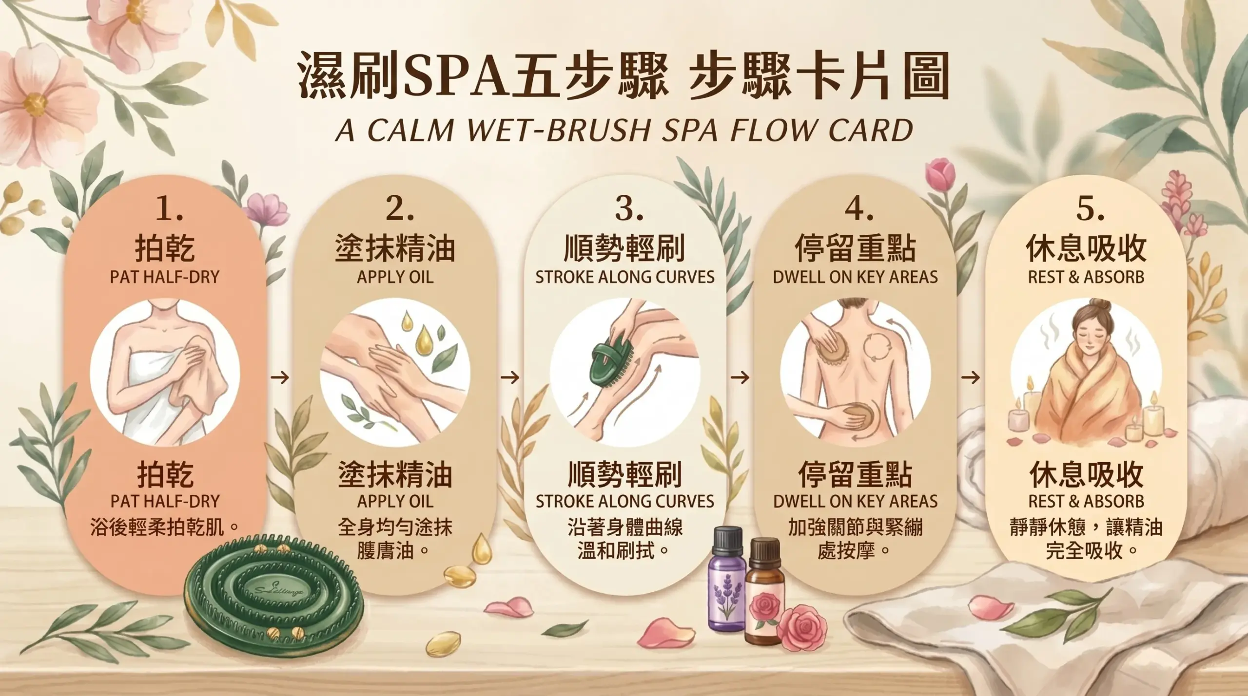 透過五個簡單步驟搭配按摩油與蠍尾®體刷,享受舒適放鬆的居家 SPA 保養體驗