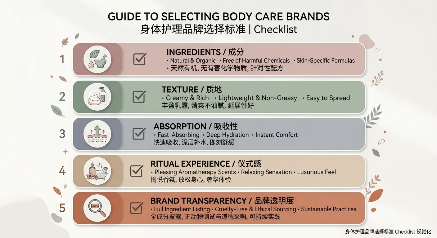 身體保養品牌五大挑選原則 checklist 視覺化，五個項目（成分、質地、吸收、儀式感、品牌透明度）各配對應圖示與打勾框，莫蘭迪色系、線條極簡