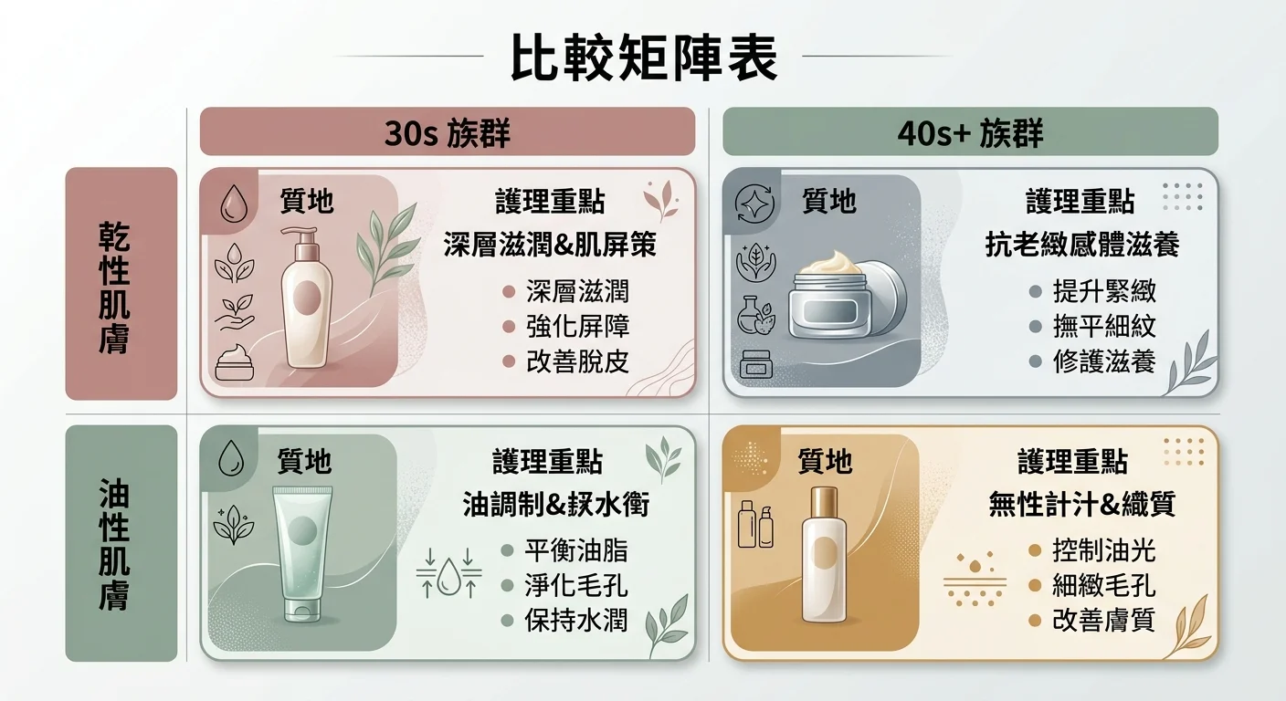 膚質(乾/油)×年齡(30/40+)保養重點對照矩陣,四格分別標示對應的質地建議與重點,莫蘭迪色系、線條極簡的比較矩陣表