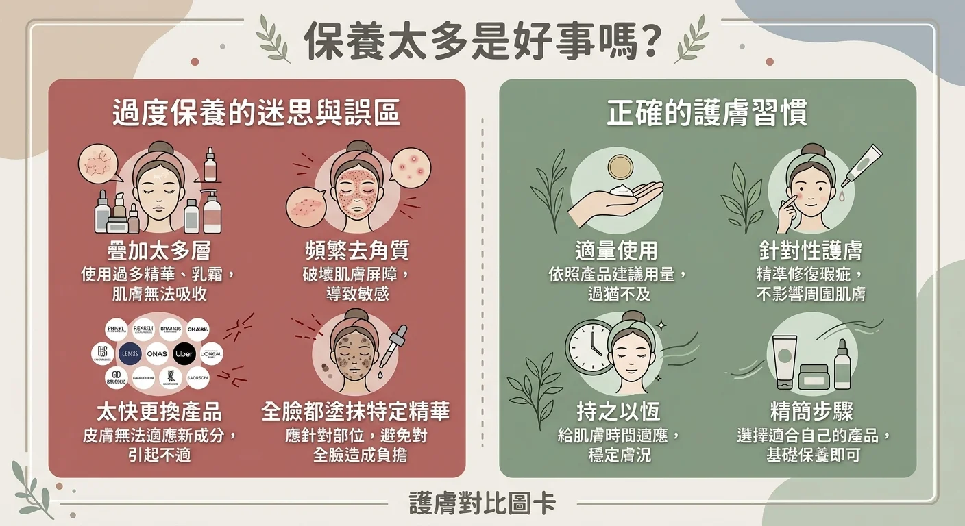 「保養品用太多」常見錯誤 do/don't 對比圖卡,左側紅色標示錯誤(疊太多層、用量過多、頻繁換品),右側綠色標示正確(少量、對症、穩定),莫蘭迪色系圖卡
