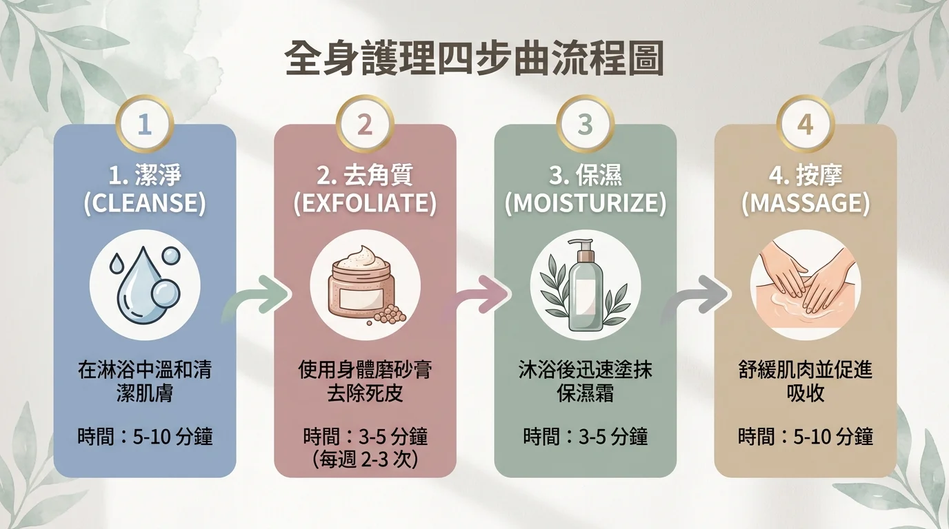 清潔→去角質→滋潤→按摩 四步驟橫向流程圖,每步驟編號清楚、附簡短時間建議,圖示分別為水滴、磨砂、乳液瓶、雙手按摩,配色統一莫蘭迪色