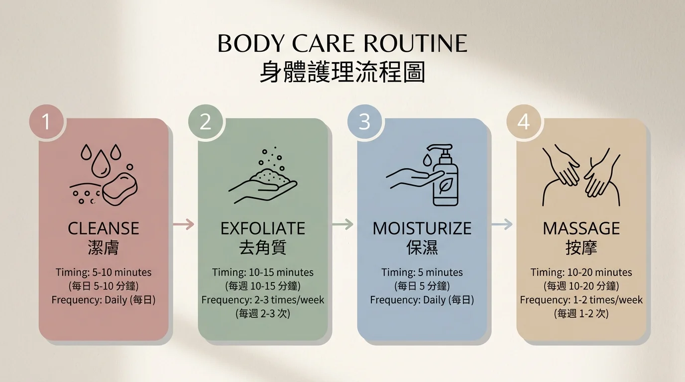 清潔→去角質→滋潤→按摩 四步驟橫向流程圖，每步驟編號清楚並附時間與頻率建議，圖示為水滴、磨砂、乳液瓶、雙手按摩，莫蘭迪色系、線條極簡