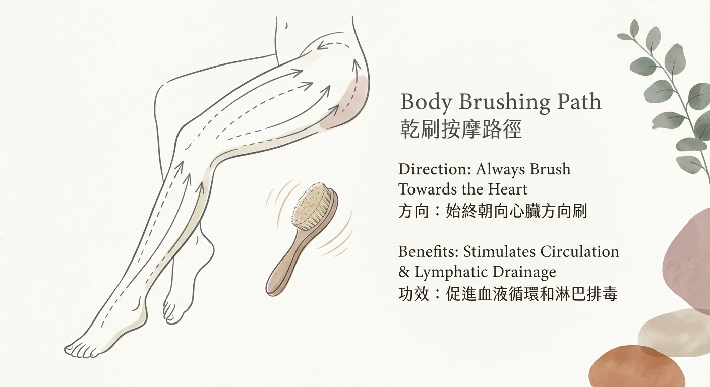蠍尾按摩體刷在小腿與大腿的居家按摩路徑示意線稿，箭頭標示由末端往心臟方向，中性保養角度，優雅線條、莫蘭迪色