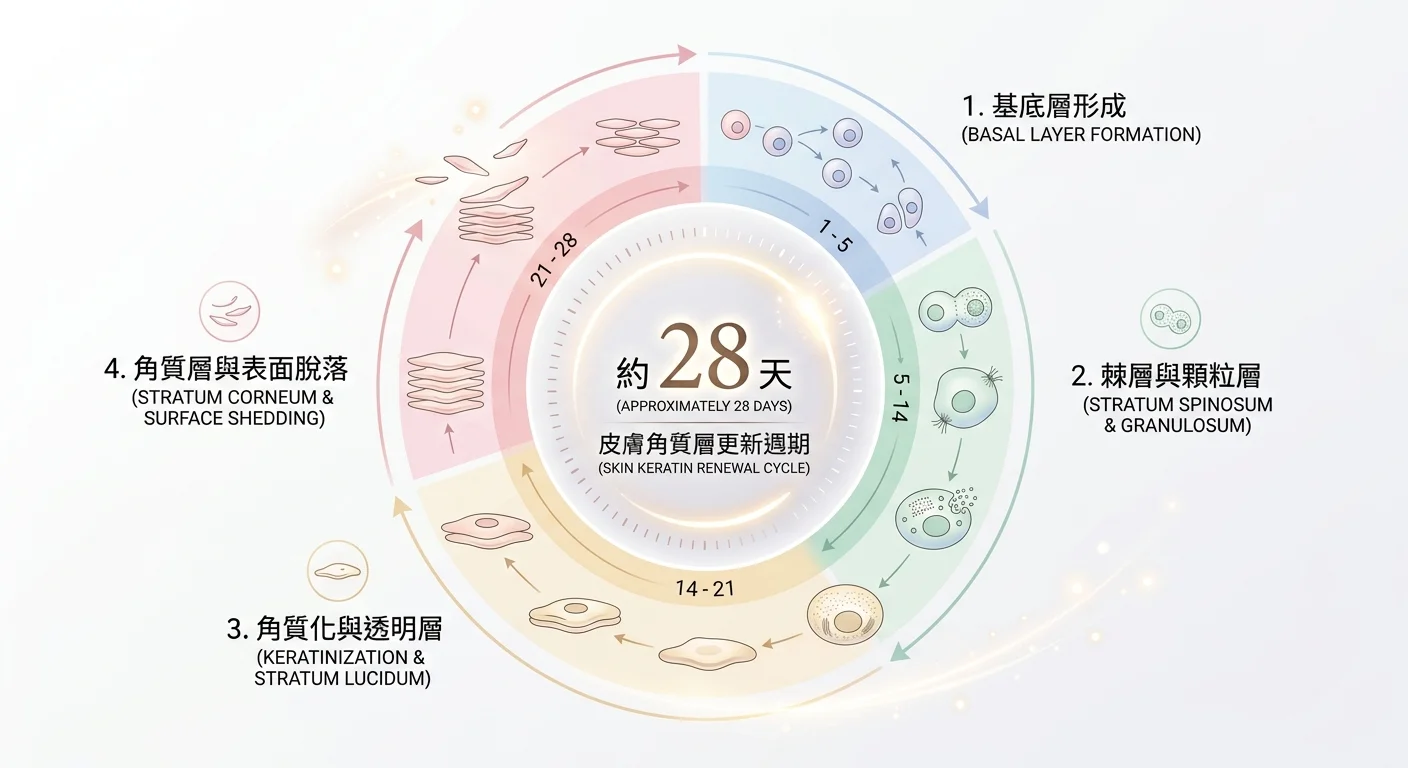 角質 28 天代謝週期圓形示意圖,外圈標示基底層生成到表面剝落的循環階段,中央標註約 28 天,柔色高端優雅週期圖