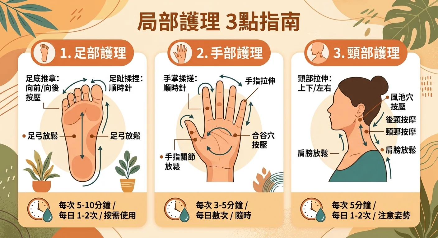 足部手部頸部局部保養三格資訊圖，分別配腳掌、手掌、頸部側面三個圖示，每格標示按摩方向與用量提醒，配色暖橘與大地色，風格簡潔一致