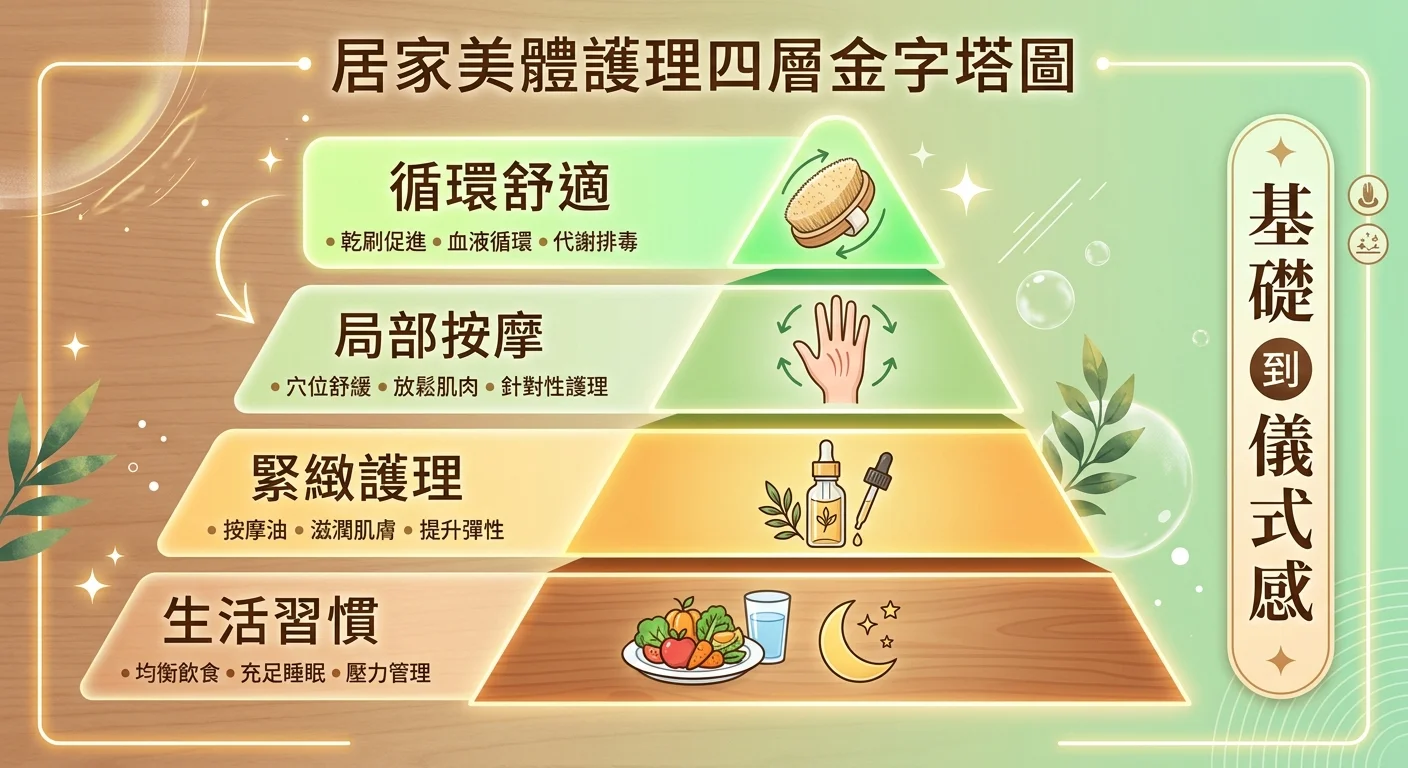 居家體態管理四層保養金字塔圖,由下而上四層:生活習慣(最寬底層,飲食作息圖示)、緊緻保養(按摩油瓶圖示)、局部按摩(手掌圖示)、循環舒暢(體刷圖示,最頂層),右側標註「地基→儀式」,配色由暖木色漸層至淡綠