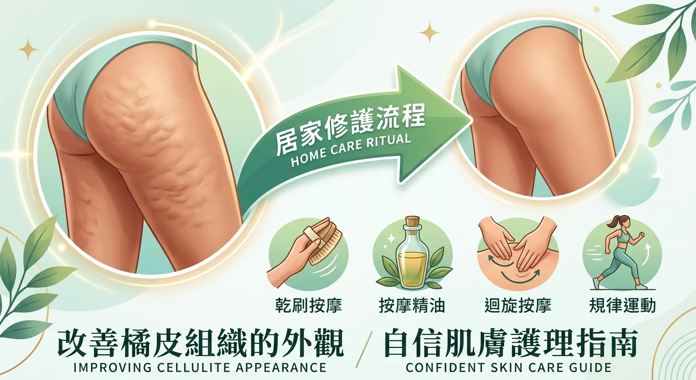 橘皮外觀照護示意圖,左側為大腿後側皮膚特寫呈現凹凸波紋外觀,中間箭頭標示「居家保養儀式」,右側為同部位較平滑外觀,下方四個小圖示:體刷、按摩油、畫圈手法、規律活動,配色暖膚色與淡綠