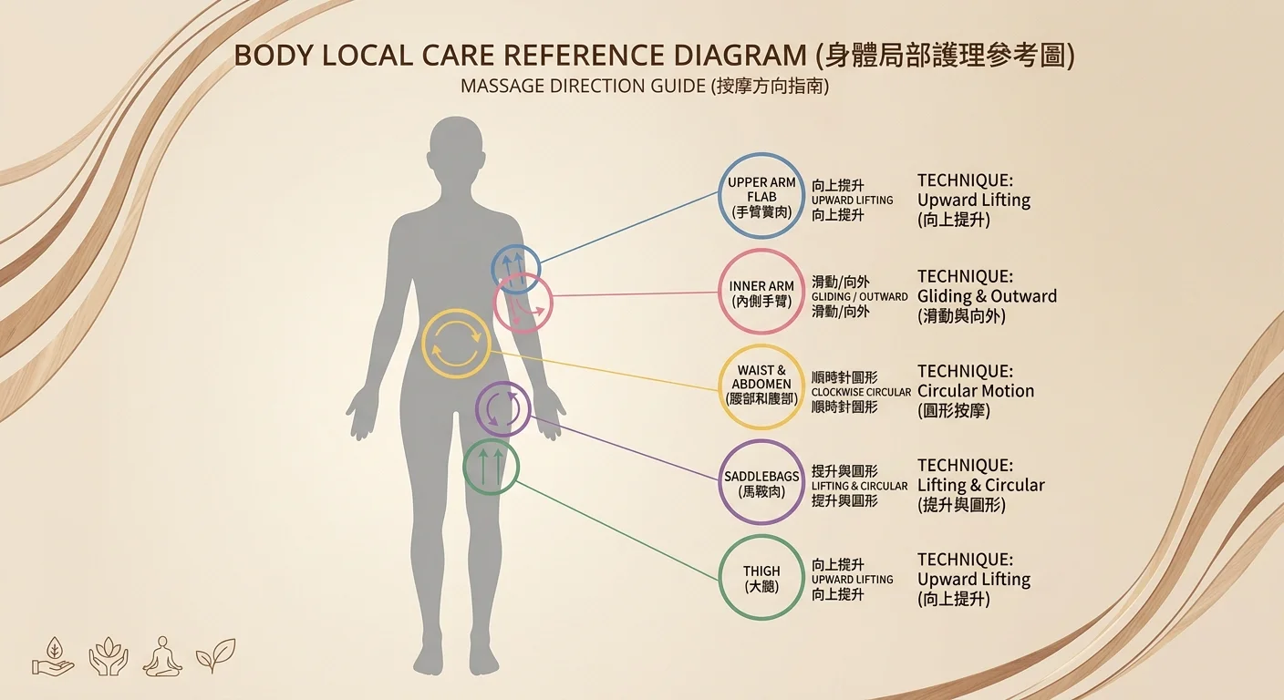 身體部位局部保養對照圖,人形剪影標示五個部位(腰側、大腿、馬鞍肉、蝴蝶袖、手臂內側),每個部位以箭頭標示按摩方向(畫圈、提拉、推撫),右側列出對應手法名稱,配色米白底搭暖木色線條