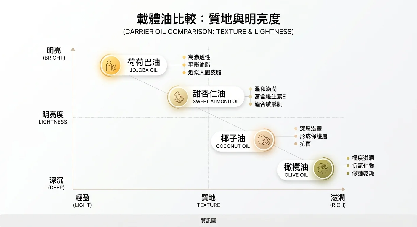 四款常見基底油質地比較圖,荷荷芭、甜杏仁、橄欖、椰子油以質地厚薄與清爽度軸線排列,簡約資訊圖風格,品牌主色標示