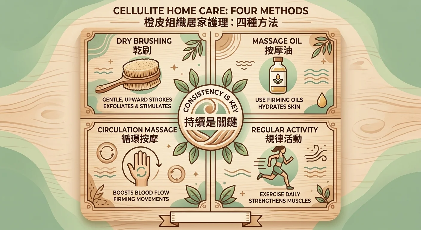 橘皮居家保養四法資訊圖,四宮格分別為乾刷(體刷圖示)、按摩油(油瓶圖示)、循環按摩(手掌畫圈圖示)、規律活動(跑步人形圖示),中央標示「持續是關鍵」,配色暖木色與淡綠