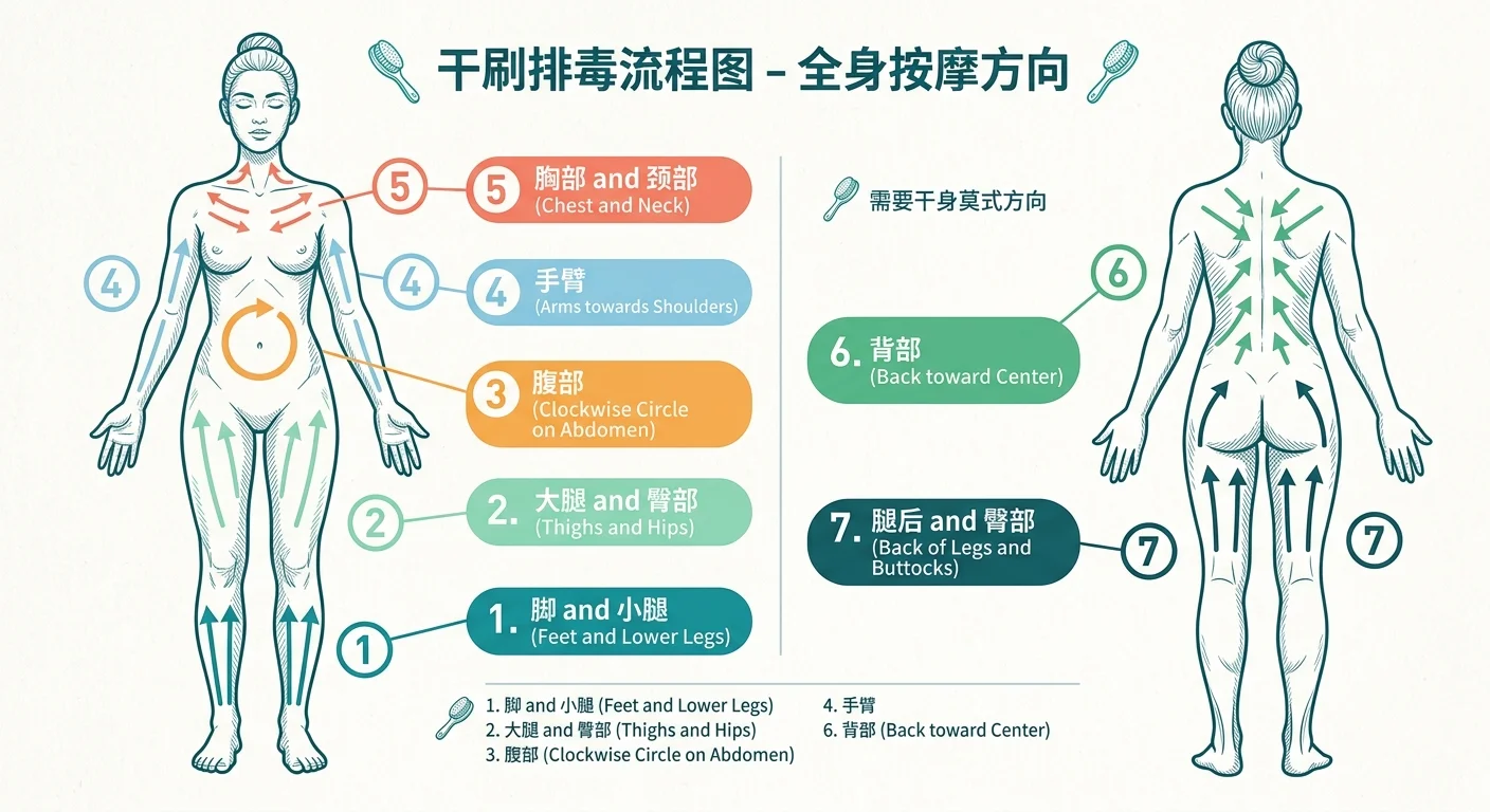 全身乾刷方向路徑圖,正面與背面人體線稿並排,以彩色箭頭標示刷拭方向:腳往腿、腿往臀腹、手往手臂、背部往中心,腹部標示順時針圓圈,旁邊附編號 1-7 對應刷拭順序,配色清爽
