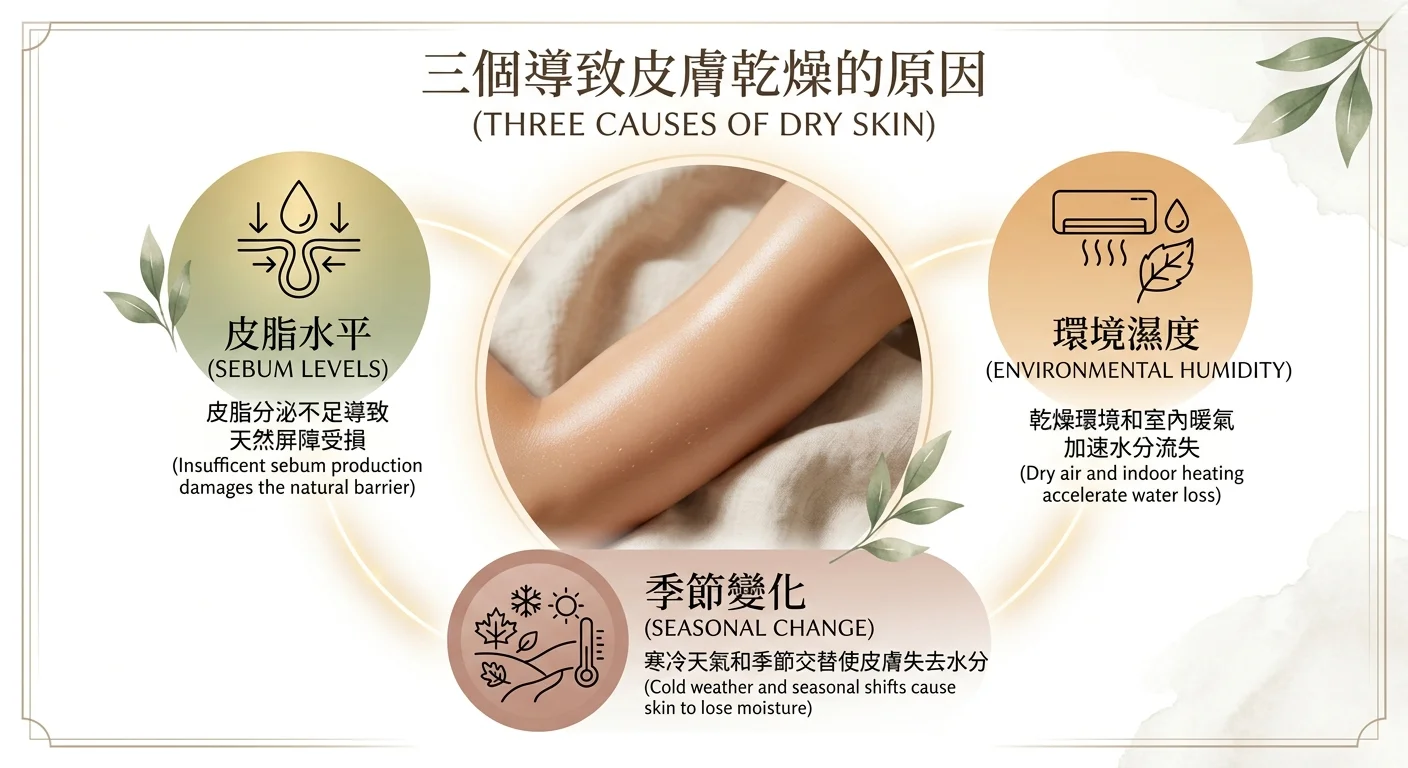 肌膚乾燥三大成因示意圖,皮脂分泌、環境濕度、季節變化三個區塊以柔色圖示呈現,中央為一隻呈現潤澤質感的手臂特寫,高端優雅資訊圖