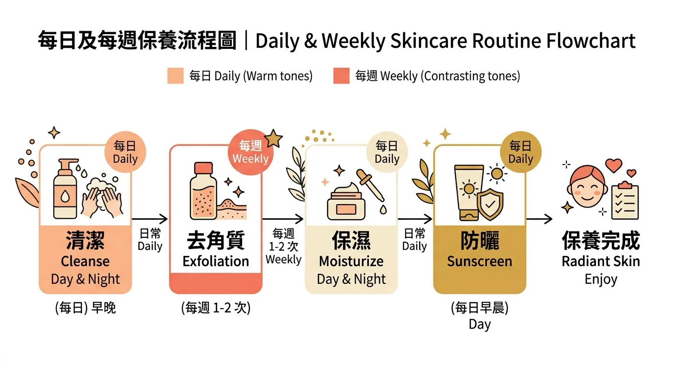日常保養節奏流程圖,清潔保濕防曬三步驟標為每日、去角質標為每週,以橫向流程箭頭與週期標記呈現,簡約步驟流程圖