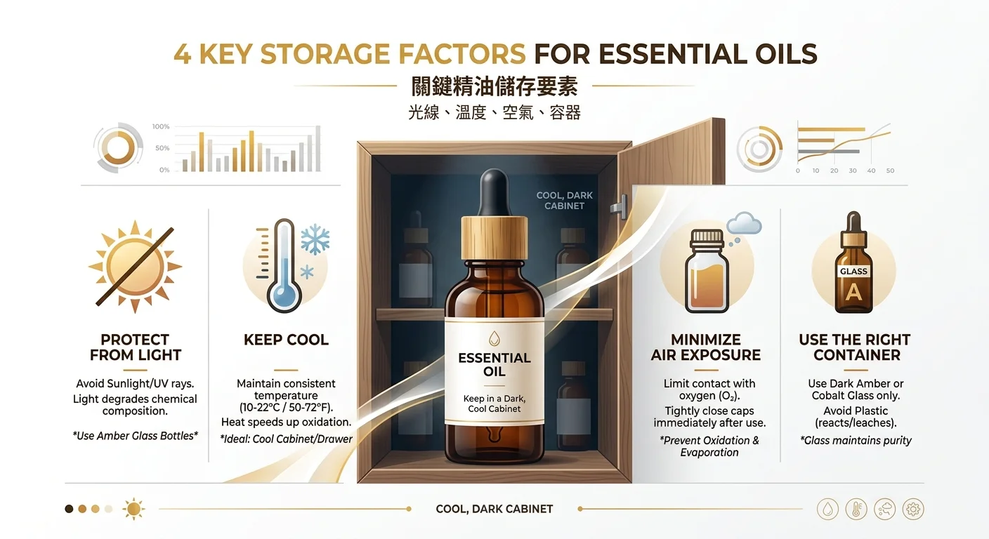 精油保存四大因素示意圖,光照、高溫、空氣、容器四個圖示,搭配琥珀色玻璃瓶放在陰涼櫃中的情境,簡約資訊圖風格