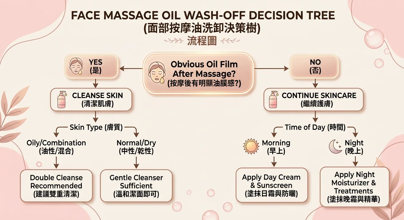 臉部按摩油要不要洗掉決策圖，以決策樹形式呈現：起點「按完有明顯油膜嗎？」分兩條路徑，「是→建議清潔」與「否→可直接接續保養」，下方再依油肌/乾肌、早晨/晚間補充分支，配色米杏與柔粉，邏輯清晰