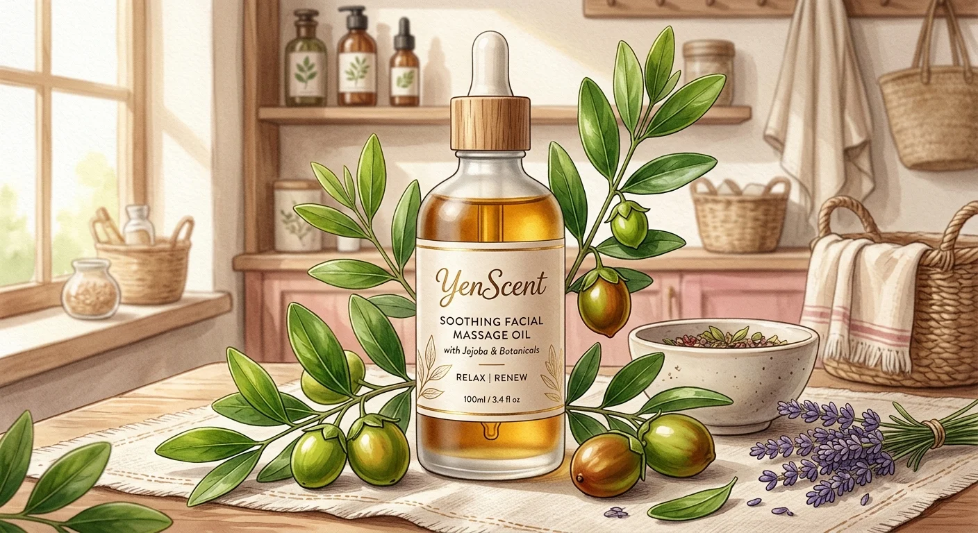 結尾 CTA 配圖,畫面為 YenScent 舒緩滋潤按摩油瓶身質感特寫擺設,旁有荷荷芭果實與綠葉點綴、暖光柔和,營造清爽植萃的療癒選購氛圍,無真人,配色米杏與玫瑰粉,質感精緻