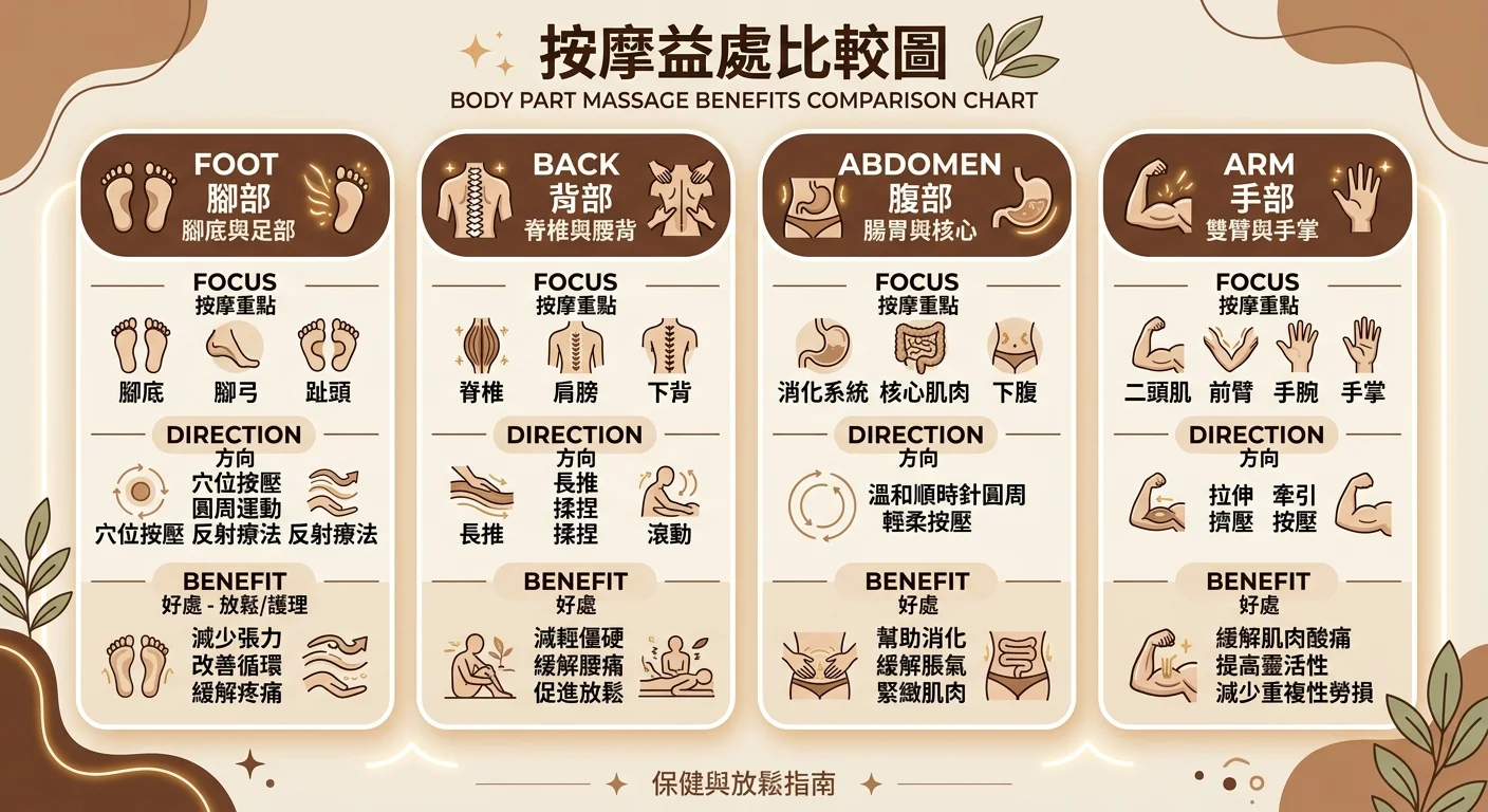 各部位按摩好處對照圖,四欄分別為足部、背部、腹部、手臂,每欄列出「重點」「方向」「好處(放鬆/保養)」三項,以圖示與簡短文字呈現,配色暖棕與米色,清晰易讀