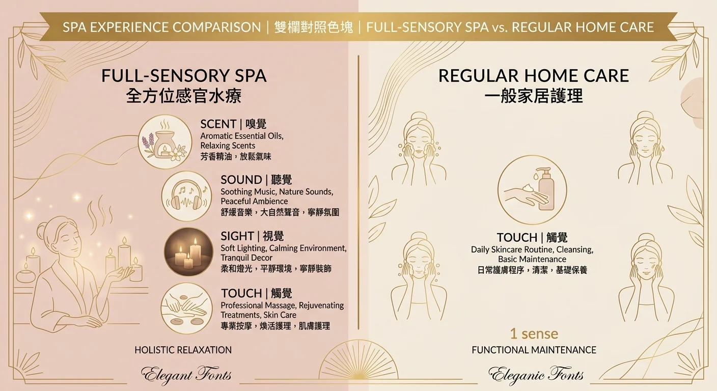 全感官SPA vs. 一般居家保養雙欄對照視覺,左欄全感官(四感官圖示)、右欄一般保養(單一觸覺圖示),以色塊區分,裸色與金線設計