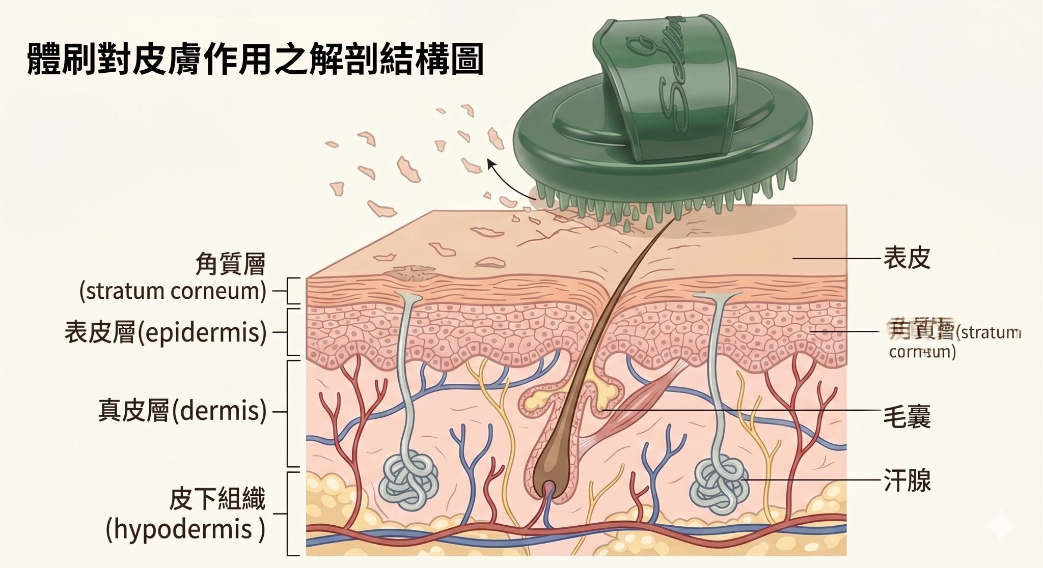 體刷於皮膚表面按摩示意圖,展示角質層、表皮層、真皮層與皮下組織結構。