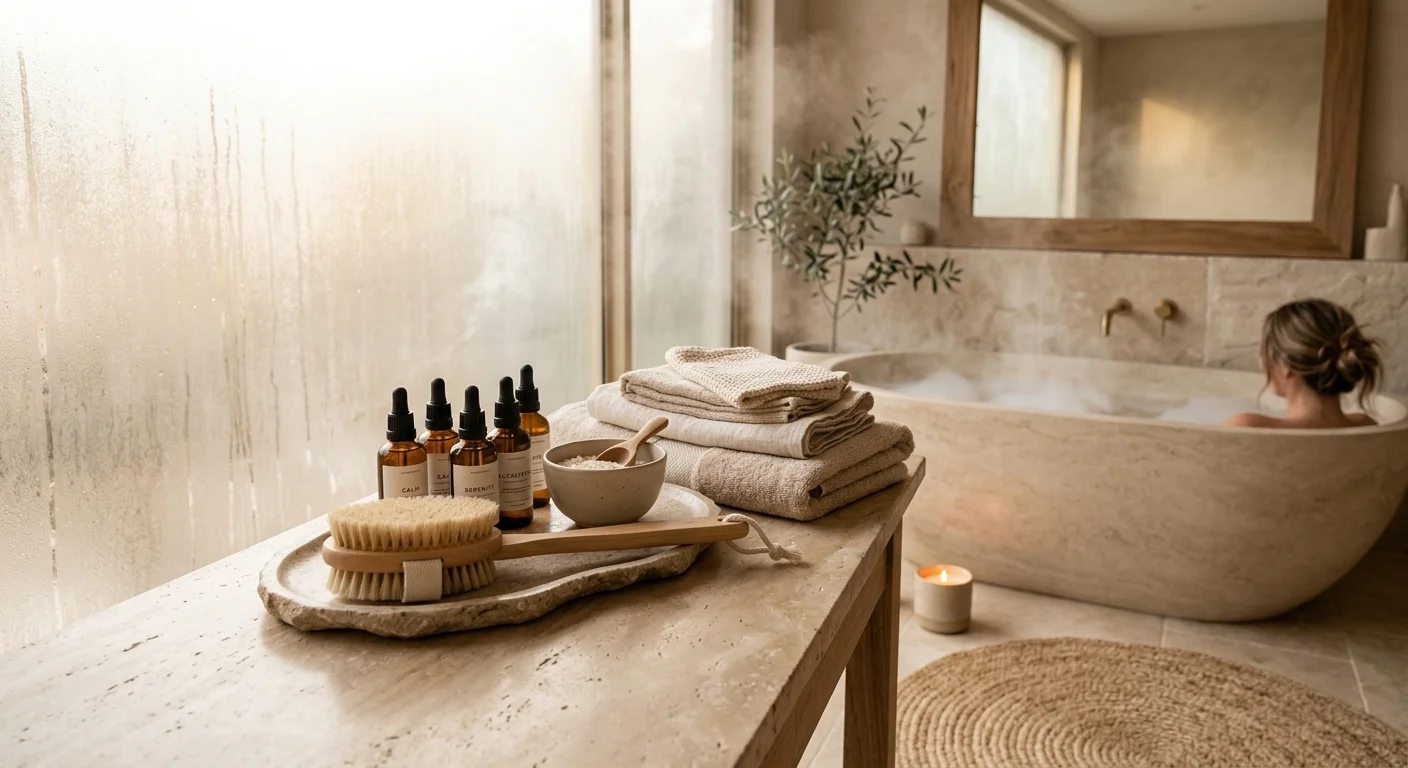 一位女性在柔和暖光的居家浴室／梳妝空間進行居家SPA，桌上擺放按摩體刷、深色玻璃精油瓶與毛巾，背景米色與裸色調，氛圍寧靜放鬆，無臉部特寫