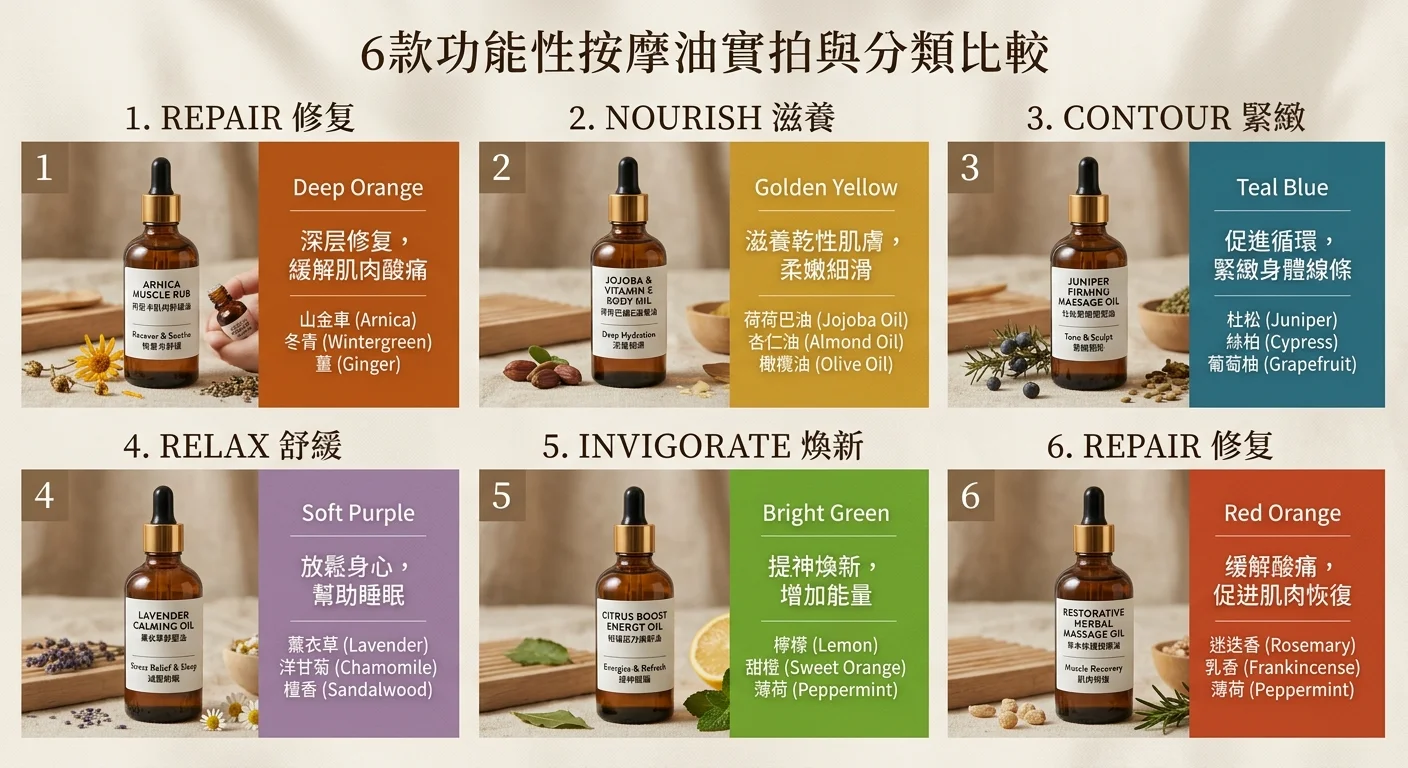 6 款按摩油功效對照視覺化表，依修復／滋潤／曲線／舒壓／活絡分類，每款搭配深色玻璃瓶實拍與對應色塊