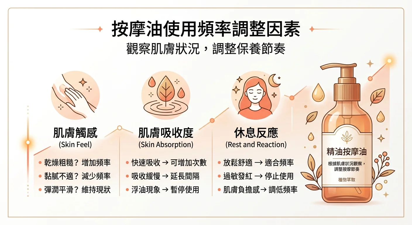 精油按摩頻率考量示意圖，三個圖示分別代表膚感、吸收、休息，搭配清爽按摩油瓶，標示「觀察膚況調整節奏」，簡約資訊圖風格，溫暖品牌色