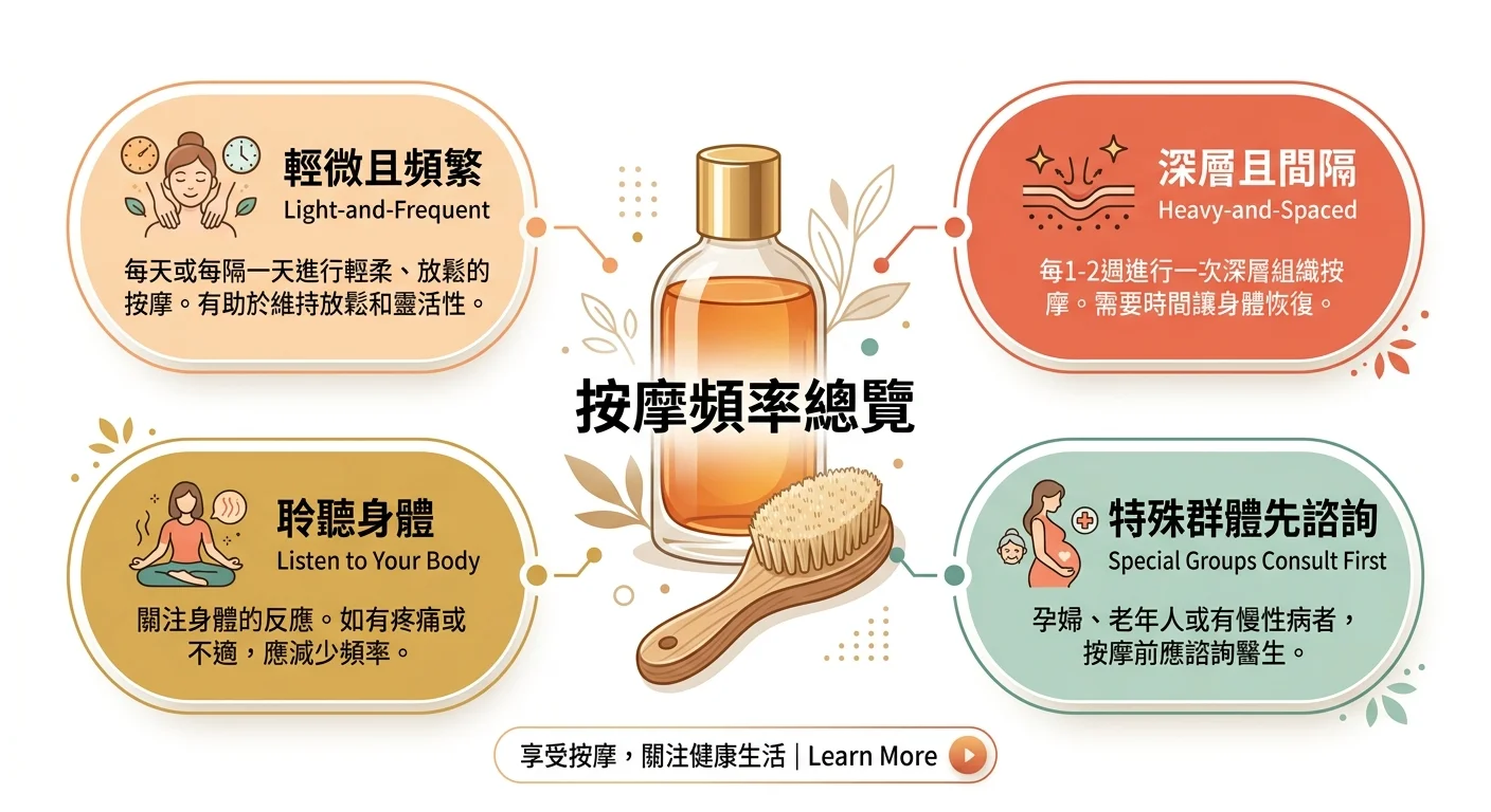按摩頻率原則總覽圖，輕度高頻、重度低頻、聆聽身體、特殊族群諮詢四個原則環繞中心的按摩油瓶與體刷，結尾行動呼籲氛圍，溫暖品牌色