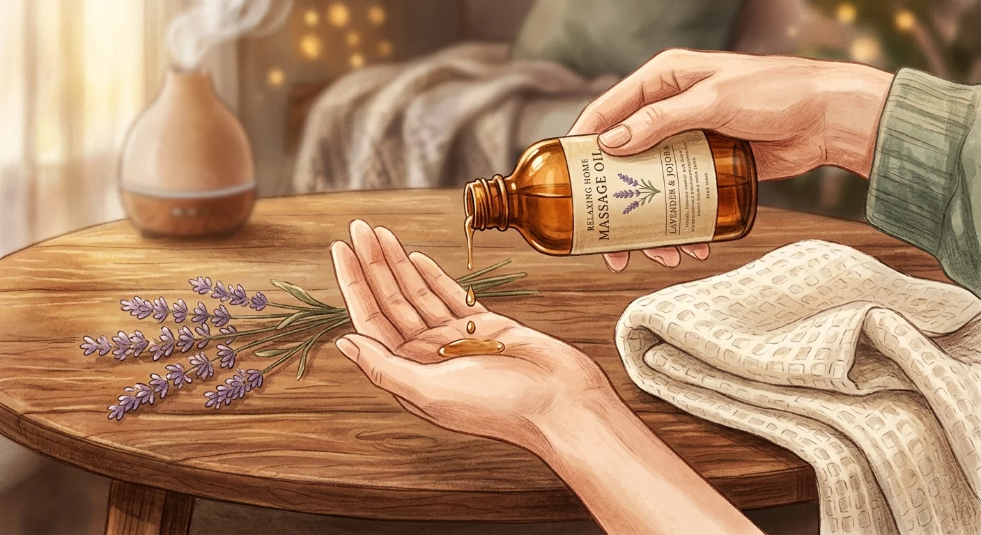 居家按摩油使用情境主視覺，畫面中央為一瓶琥珀色玻璃按摩油與一隻手掌承接油滴的特寫，旁邊散落乾燥薰衣草與毛巾，暖色調木質桌面，營造放鬆療癒氛圍，整體風格溫潤質感