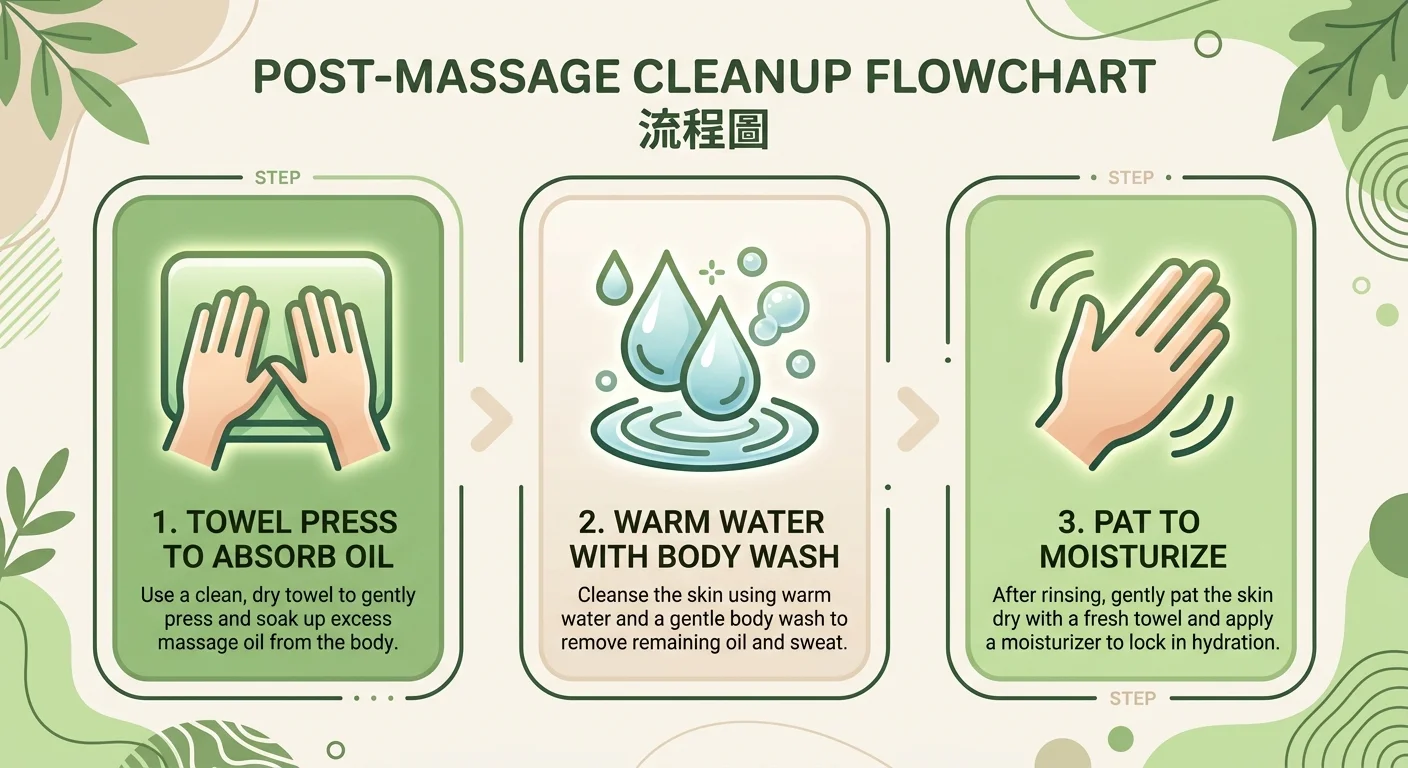 按摩後收尾流程圖，三步驟由左至右：1.毛巾按壓吸油（毛巾圖示）2.溫水加沐浴乳（水滴+泡泡圖示）3.輕拍保濕（手掌圖示），每步驟配簡短說明，配色柔和米白與淡綠