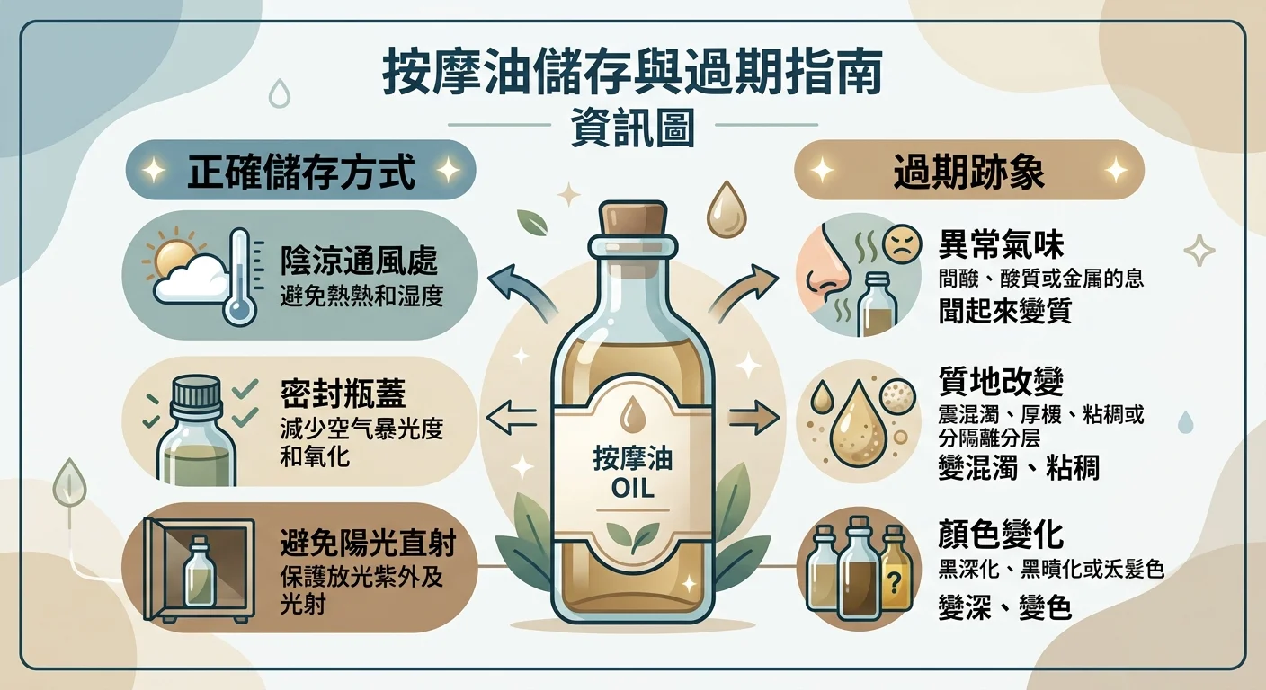 按摩油保存與過期判斷資訊圖，左側為正確保存方式（陰涼避光、鎖緊瓶蓋圖示），右側為三個過期判斷指標（氣味、性狀、顏色），中央一瓶按摩油，配色大地色系，風格簡潔