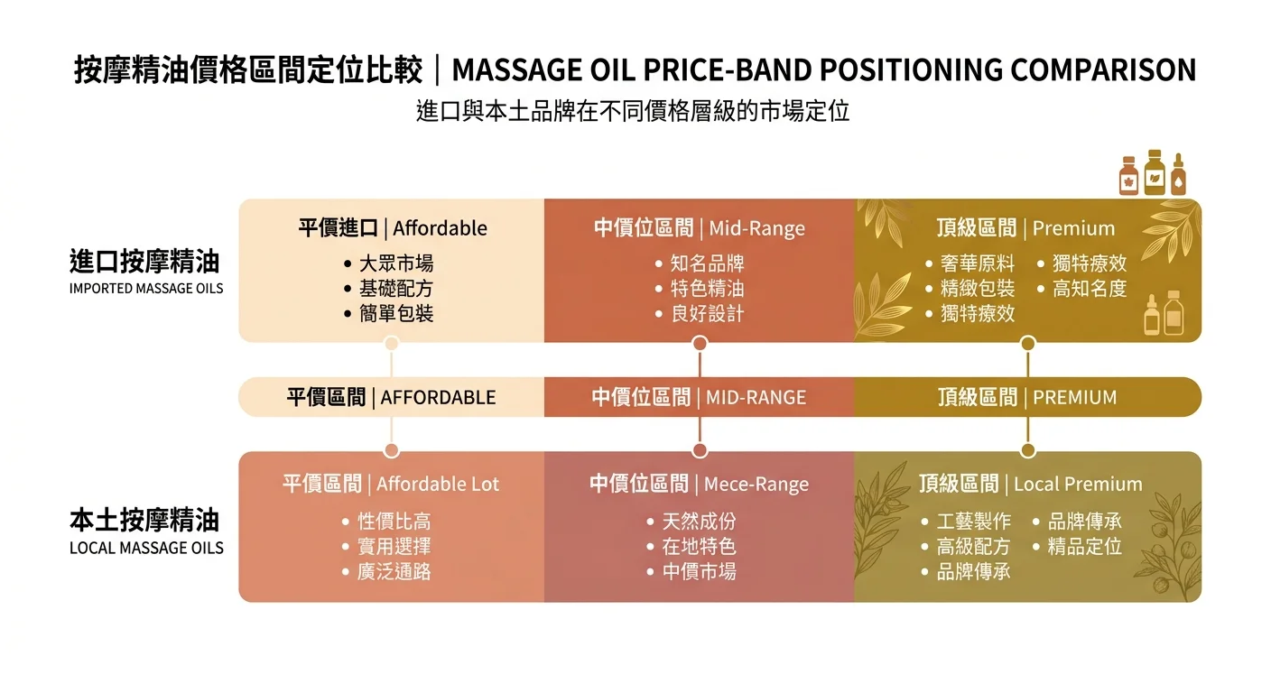 進口與台灣價格帶區間示意圖,僅以平價/中價/高端三層色塊與「進口」「台灣」標籤呈現,不標任何具體金額,簡約資訊圖