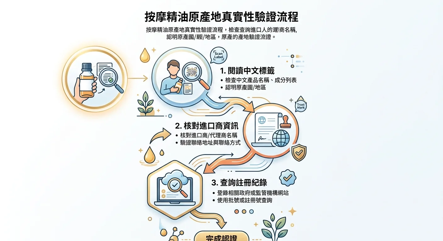 查驗產地真偽步驟示意圖,三個步驟圖示(看中文標示、看進口商、查登錄),簡約流程圖,品牌主色節點