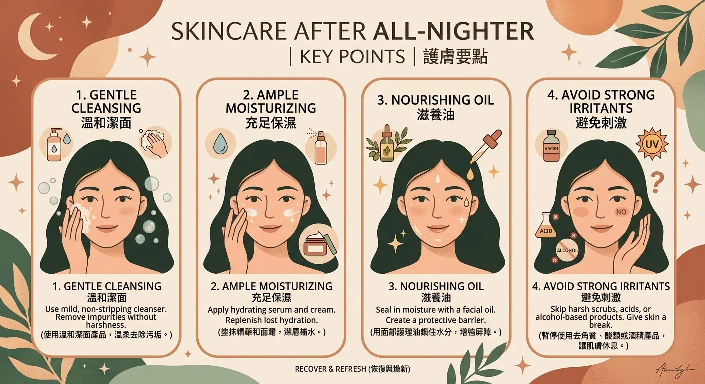 熬夜後肌膚保養重點圖,柔和臉部插畫,標示溫和清潔、充足保濕、滋潤保養油、避免強刺激四個重點,配簡單圖示,配色溫潤大地與墨綠色,風格柔和插畫