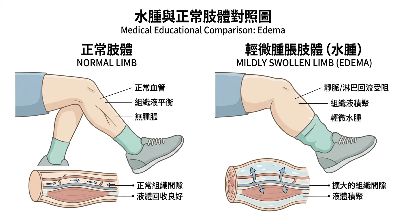 對照示意圖,左側正常肢體與右側輕度淋巴水腫肢體並列比較,以衛教中性色調呈現腫脹差異,旁標示「請由專業醫療團隊評估」字樣概念