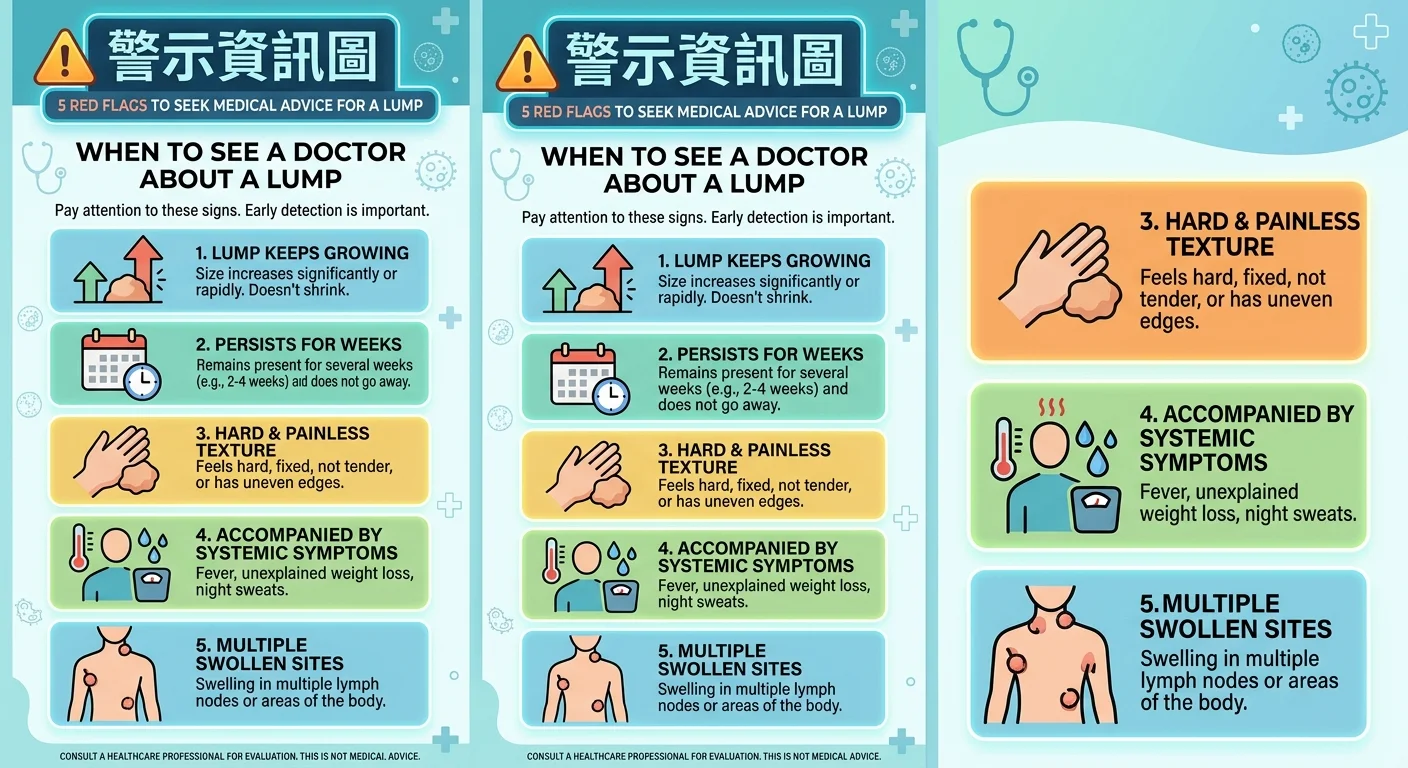 紅旗警訊一覽資訊圖,以醒目但不驚嚇的色調列出五項應就醫的警訊:腫塊持續變大、超過數週不消、質地硬且不痛、伴隨發燒/體重下降/夜間盜汗、多處同時腫大