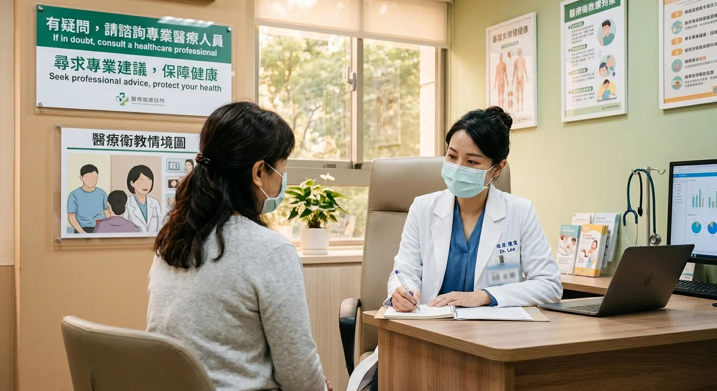 結論衛教配圖,呈現一位民眾在診間與醫師諮詢的中性示意場景,傳達「有疑慮就就醫」的核心訊息,色調溫和專業