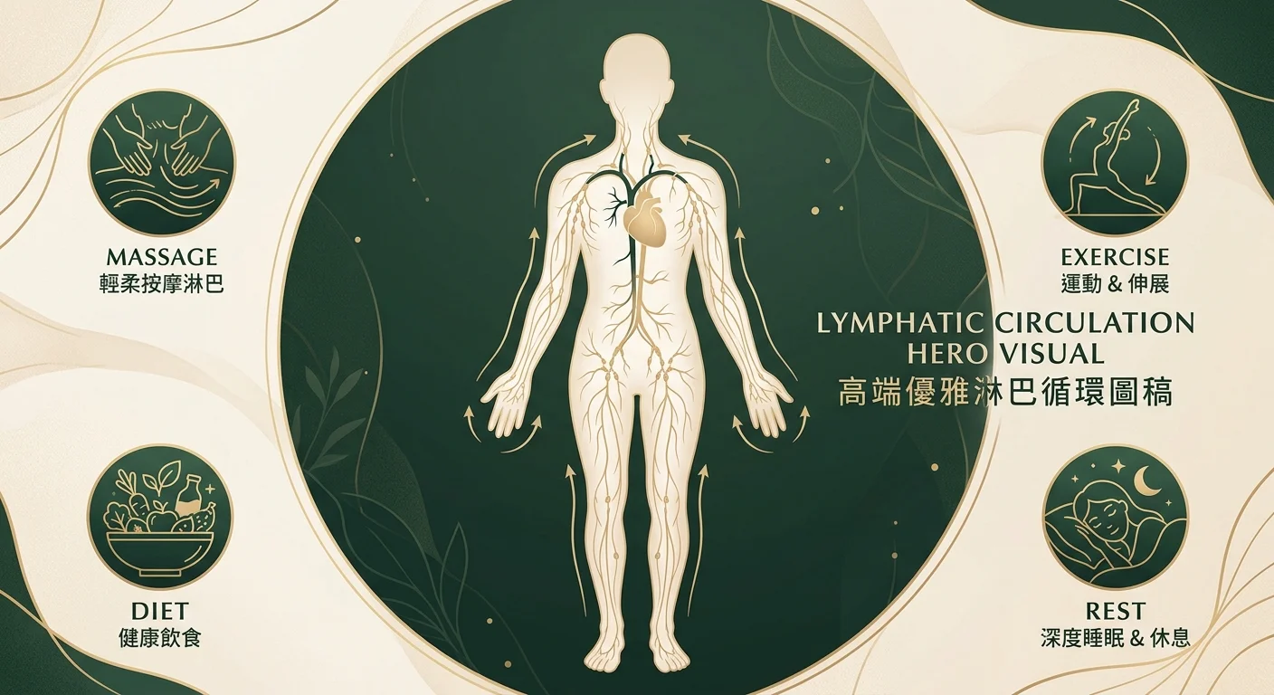 淋巴循環主視覺，人體柔色剪影內以淡金線條表現由四肢往軀幹流動的方向，旁邊環繞按摩、運動、飲食、作息四個小圖示，配色淡金米色與墨綠，高端優雅