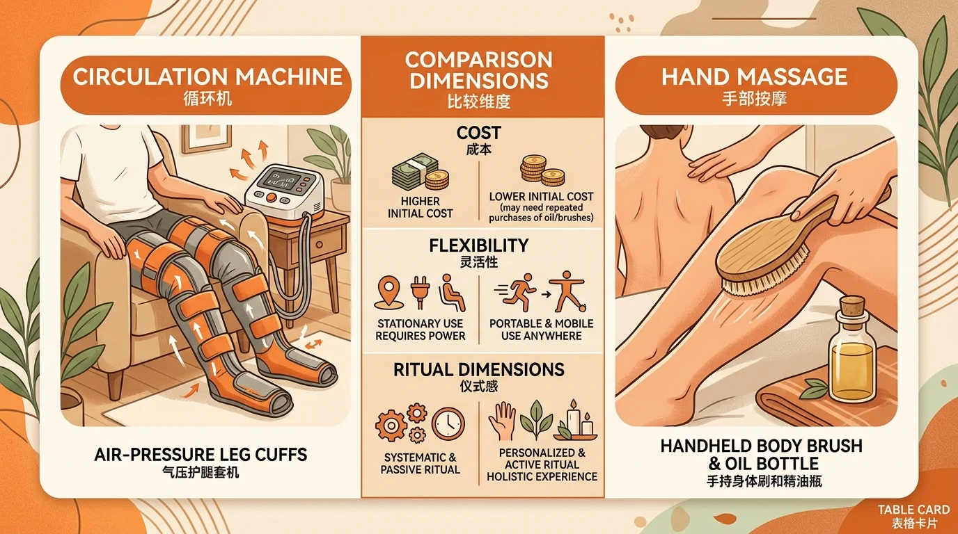 循環機 vs 手技按摩比較卡片視覺,左側畫氣壓腿套機器、右側畫手持體刷與精油瓶,中間以對照欄列出成本、彈性、儀式感等維度,配色暖橘與大地色,表格卡片風格